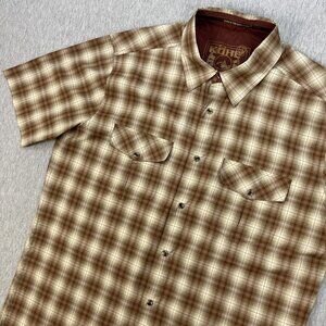 Kuhl Pearl Snap Western Short Sleeve Shirt Mens L Beige Brown Plaid Lightweight